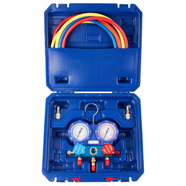 Манометрическая станция DSZH WK-P6002S (R22/404/134/410;2-х вентильный;шланги 1.5м до 55 Bar-1/4"SAE, 2 адаптера R410 x R22,манометры 68мм,в кейсе), фото 