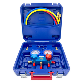 Манометрическая станция DSZH WK-P3602S (R22/32/134/410; 2-х вентильный; шланги 0.9м до 55 Bar-1/4"SAE, 2 адаптера R410xR22, манометры 68мм, в кейсе), фото 