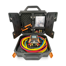 Цифровой манометрический 4х вентильный коллектор Elitech MS-870S-01 (2 датчика IPT-01S, 3 шланга с вентилями 1.5м 1/4"SAE, 1 шланг 1,5м 3/8"SAE, 2 адаптера, сервисный вентиль, кейс), фото 