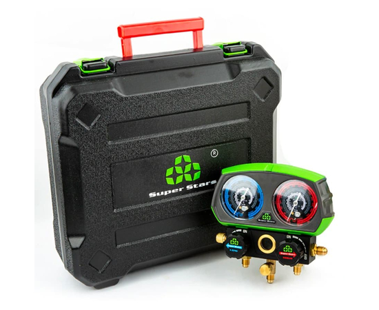 Манометрическая станция Super Stars ST-B280(R22/404/407/410, 2-х вентильный; шланги 1.5м, 55 Bar-1/4"SAE, 2 адаптера R410xR22 манометры 80мм, в кейсе), фото , изображение 3