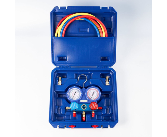 Манометрическая станция DSZH WK-P3602S (R22/404/407/410; 2-х вентильный; шланги 0.9м до 55 Bar-1/4"SAE, 2 адаптера R410 x R22, манометры 68мм, в кейсе), фото 