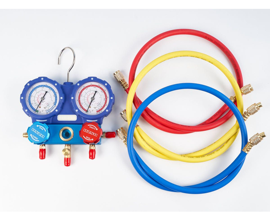 Манометрическая станция DSZH WK-C3601S (R22/404/407/410; 2-х вентильная; шланги 1/4" SAE - 90см), фото , изображение 2