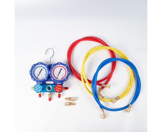 Манометрическая станция DSZH WK-P6002B (22/404/407/410; 2-х вентильный; шланги 1.5м до 55 Bar-1/4"SAE, 2 адаптера R410 x R22, манометры 80мм, в кейсе), фото , изображение 4