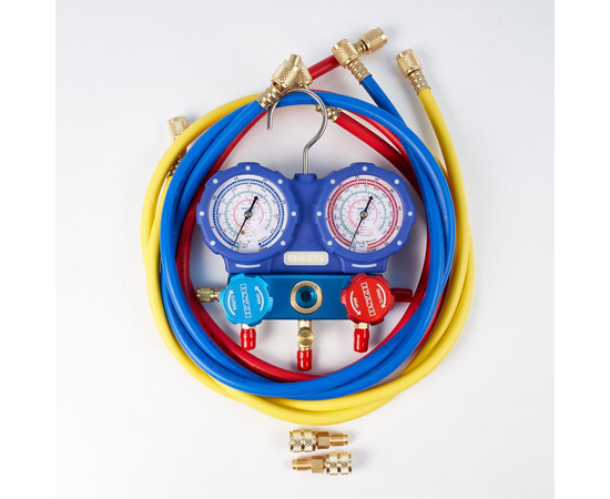 Манометрическая станция DSZH WK-P6002S (R22/404/407/410; 2-х вент; шланги 1.5м до 55 Bar-1/4"SAE, 2 адаптера R410 x R22,манометры 68мм,в кейсе), фото , изображение 2