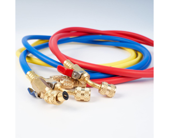 Заправочные шланги с вентилями DSZH - M-336 RYB-HV набор 3шт по 0.9м, 1/4" SAE, до 55 Bar, фото , изображение 3