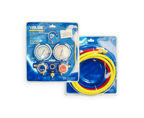 Манометрический коллектор Value VMG-2-R410A-B-02  (R22, R134a, R410a, R407C; 2-х вентильный; 3 шланга 120 см; манометры 68 мм; упак. блистер), фото , изображение 3