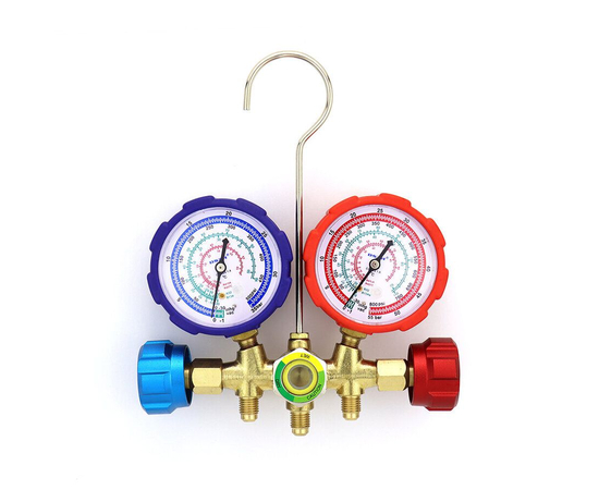 Манометрический коллектор DSZH WK-536G (R22/134/404/407/410, 2-х вентильный; манометры 68мм, латунный корпус со смотровым стеклом), фото 