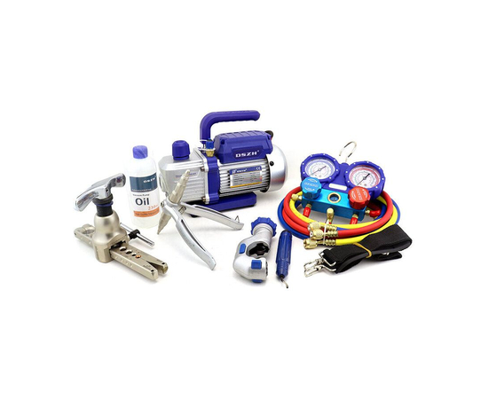 Набор инструментов DSZH WK-7P (в алюминиевом кейсе: вакуумный насос, коллектор, шланги, вальцовка, труборез, труборасширитель, риммер), фото , изображение 2