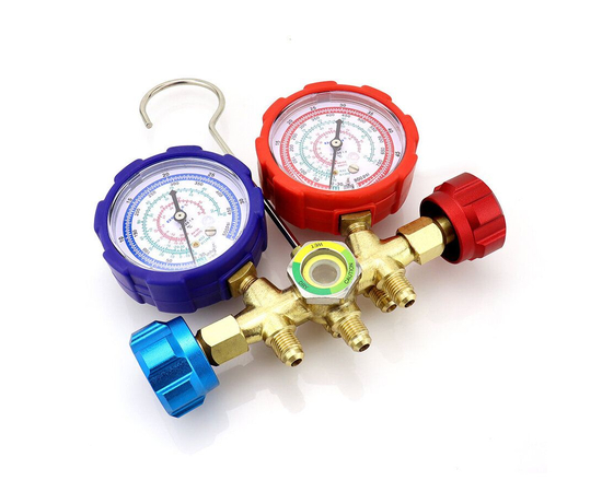 Манометрический коллектор DSZH WK-536G (R22/134/404/407/410, 2-х вентильный; манометры 68мм, латунный корпус со смотровым стеклом), фото , изображение 3