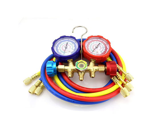 Манометрическая станция DSZH WK-536G-R410A (R22/134/404/407/410, 2-х вентильная; латунный корпус, шланги 0.9м до 55 Bar, 5/16"), фото , изображение 2