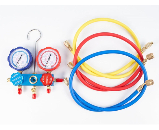 Манометрическая станция DSZH CT-336G-R410A (R32/134/407/410, 2-х вентильная, алюминиевый корпус, шланги 0.9м до 55 Bar, 5/16"), фото 