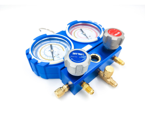 Манометрический коллектор VALUE VMG-2-R410A-04 (R22, R134a, R410a, R407C; 2-х вентильный; без шлангов; манометры 80 мм; упак. блистер), фото , изображение 4