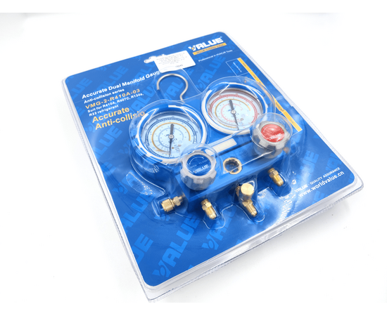 Манометрический коллектор Value VMG-2-R410A-03  (R22, R134a, R410a, R407C; 2-х вентильный; 3 шланга 120 см; манометры 80 мм; упак. блистер), фото , изображение 5