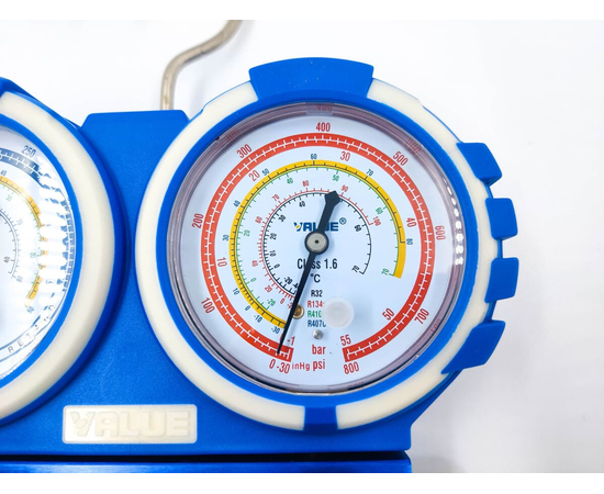 Манометрический коллектор Value VMG-2-R32-B-03 (R32, R134A, R410A, R407C; 2-х вентильный; без шлангов; манометры 68 мм; упак. блистер), фото , изображение 3