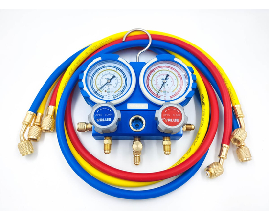 Манометрический коллектор Value VMG-2-R22-B (R22, R134a, R404A, R407C; 2-х вентильный; 3 шланга 120 см; манометры 68 мм; упак. кейс), фото , изображение 3