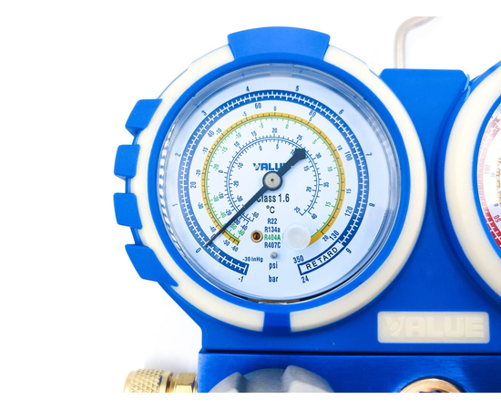 Манометрический коллектор VALUE VMG-2-R22 (R404,407,134,22) 2-х вентильный  в пластиковом кейсе, 3 шланга 120 см, манометры 80 мм, 1/4" SAE, фото , изображение 5