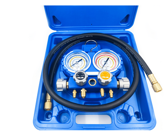 Манометрический коллектор Value VMG-4-R22 (R22, R134A, R404A, R407C; 4-х вентильный; 4 шланга 120 см; манометры 80 мм; упак. кейс), фото , изображение 2