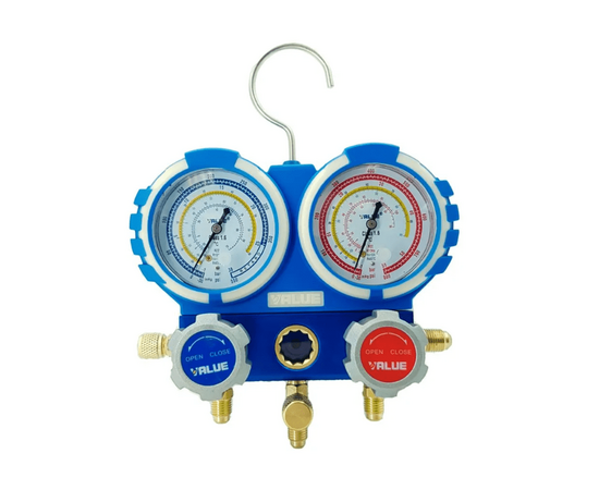 Манометрический коллектор Value VMG-2-R410A-B-02  (R22, R134a, R410a, R407C; 2-х вентильный; 3 шланга 120 см; манометры 68 мм; упак. блистер), фото 