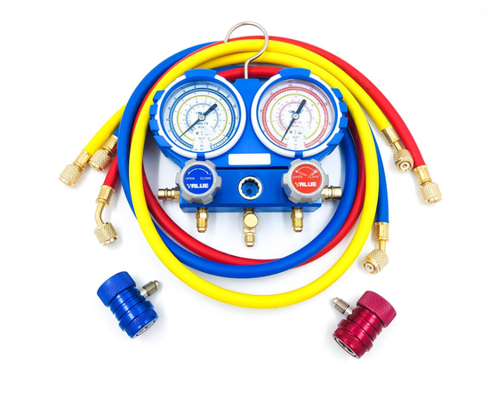 Манометрический коллектор VALUE VMG-2-R134A (2-х вентильный; 3 шланга 120 см; вентили быстросъемные, манометры 80 мм; упак. кейс), фото , изображение 3