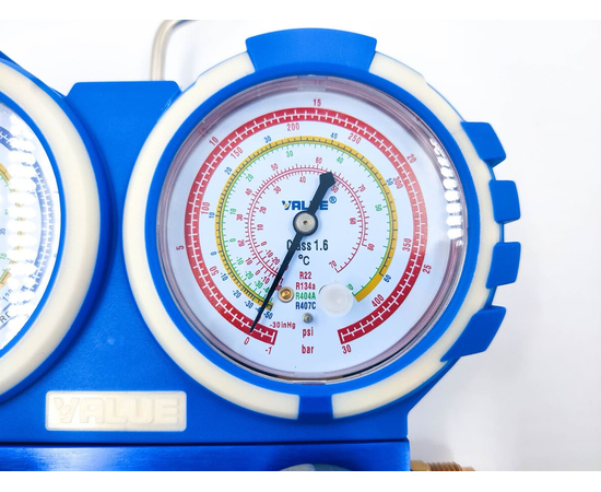 Манометрический коллектор VALUE VMG-2-R22 (R404,407,134,22) 2-х вентильный  в пластиковом кейсе, 3 шланга 120 см, манометры 80 мм, 1/4" SAE, фото , изображение 4