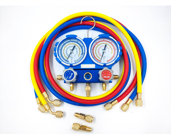 Манометрический коллектор VALUE VMG-2-R410A-02 (R410,407,134,22) 2-х вентильный, в кейсе, 3 шланга 120 см, 2 адаптера R410 x R 22, манометры 80 мм, фото , изображение 2