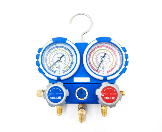 Манометрический коллектор VALUE VMG-2-R22 (R404,407,134,22) 2-х вентильный  в пластиковом кейсе, 3 шланга 120 см, манометры 80 мм, 1/4" SAE, фото , изображение 3
