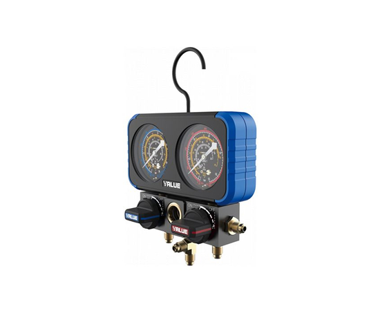 Манометрический коллектор Value VRM2-B-0401 (R22, R134A, R410A, R407C; 2-х вентильный; 3 шланга 150см, переходники с R-410A / R-22; упак. кейс), фото , изображение 2