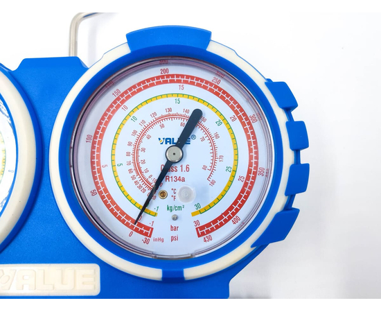 Манометрический коллектор VALUE VMG-2-R134A (2-х вентильный; 3 шланга 120 см; вентили быстросъемные, манометры 80 мм; упак. кейс), фото , изображение 4