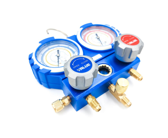Манометрический коллектор Value VMG-2-R32-B-03 (R32, R134A, R410A, R407C; 2-х вентильный; без шлангов; манометры 68 мм; упак. блистер), фото , изображение 2