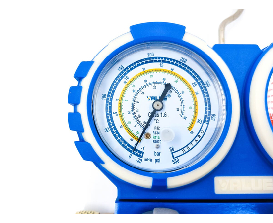 Манометрический коллектор Value VMG-2-R32-B-03 (R32, R134A, R410A, R407C; 2-х вентильный; без шлангов; манометры 68 мм; упак. блистер), фото , изображение 4