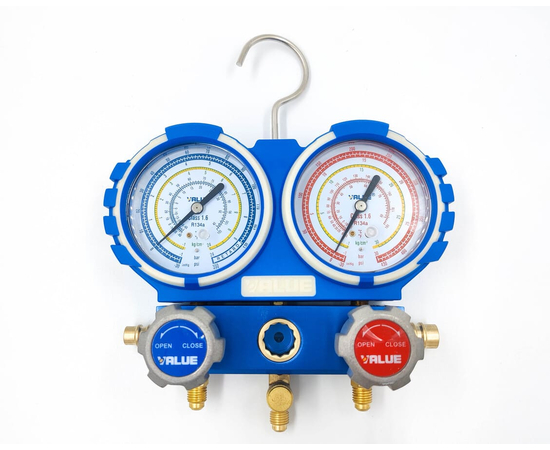 Манометрический коллектор VALUE VMG-2-R134A (2-х вентильный; 3 шланга 120 см; вентили быстросъемные, манометры 80 мм; упак. кейс), фото , изображение 2