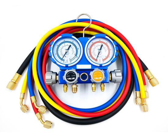Манометрический коллектор Value VMG-4-R410A (R22, R134a, R410a, R407C; 4-х вентильный; 4 шланга 120 см; манометры 80 мм; упак. кейс), фото , изображение 5