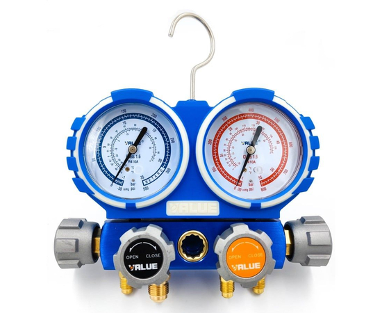 Манометрический коллектор Value VMG-4-R410A (R22, R134a, R410a, R407C; 4-х вентильный; 4 шланга 120 см; манометры 80 мм; упак. кейс), фото , изображение 2