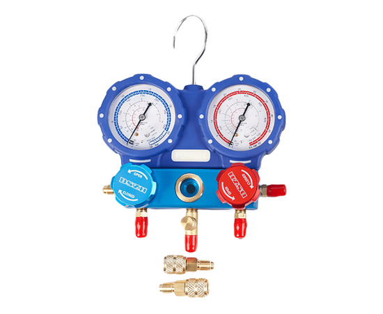 Манометрическая станция DSZH WK-C3602B (R22/404/407/410; 2-х вентильная, манометры 80 мм; шланги 90 см, 2 адаптера AD89), фото , изображение 2