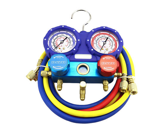 Манометрическая станция DSZH WK-C3602B (R22/404/407/410; 2-х вентильная, манометры 80 мм; шланги 90 см, 2 адаптера AD89), фото 
