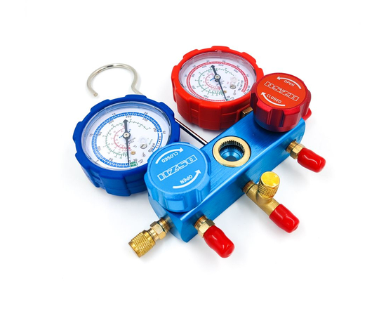 Манометрический коллектор DSZH CT-136G (R22/134/404/410, 2-х вентильный; манометры 68мм, алюминиевый корпус со смотровым стеклом), фото , изображение 2