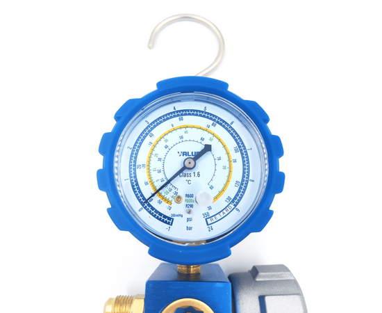 Манометрический коллектор Value VMG-1-S-L (R600, R600A, R290; 1 вентильный, смотровое стекло, манометр низкого давления 68мм; без шлангов), фото , изображение 2