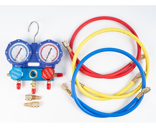 Манометрическая станция DSZH WK-C6002B (R22/32/134/410; 2-х вентильная, манометры 80 мм; шланги 150 см, + 2 адаптера AD89), фото 