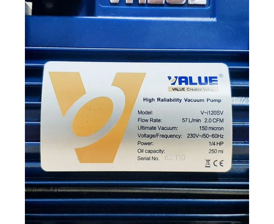 Вакуумный насос Value VI-120SV (1ст., 57 л/мин, 20 Па, 6.7 кг, вакуумметр, соленоидный вентиль), фото , изображение 3