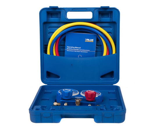 Манометрический коллектор Value VMG-2-R410A (2-х вентильный; 3 шланга 120 см; манометры 80 мм; упак. кейс), фото 