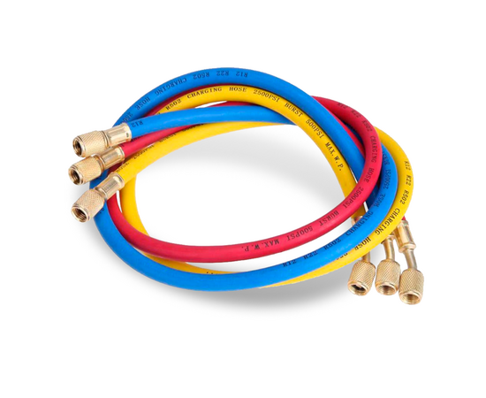 Заправочные шланги Value VRP-U-RYB (1.8 м; 1/4" SAE; набор для R12, 22, 134, 404, 407, 507), до 34 Bar, фото 