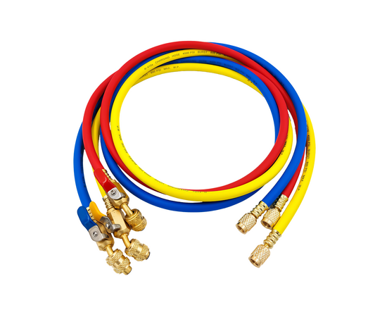 Заправочные шланги с вентилем DSZH CT-336-RYB-HV-R32/410A 0,9м, 1/4"-5/16" SAE, до 55 Bar, фото 