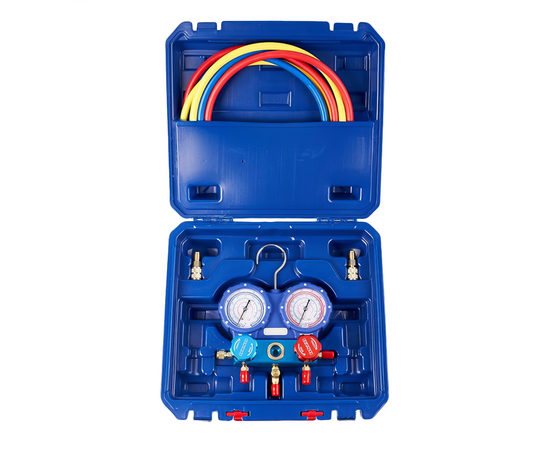 Манометрическая станция DSZH WK-P3602S (R22/134/404/410; 2-х вентильный; шланги 0.9м до 55 Bar-1/4"SAE, 2 адаптера R410xR22, манометры 68мм, в кейсе), фото 