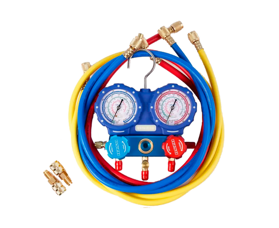 Манометрическая станция DSZH WK-C6002B (R22/134/404/410; 2-х вентильная, манометры 80 мм; шланги 150 см, + 2 адаптера AD89), фото , изображение 3