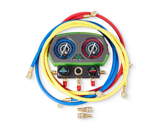 Манометрическая станция Super Stars ST-B280(R22/404/407/410, 2-х вентильный; шланги 1.5м, 55 Bar-1/4"SAE, 2 адаптера R410xR22 манометры 80мм, в кейсе), фото , изображение 2