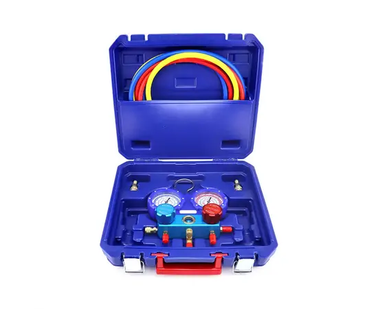Манометрическая станция DSZH WK-P6002B (22/404/407/410; 2-х вентильный; шланги 1.5м до 55 Bar-1/4"SAE, 2 адаптера R410 x R22, манометры 80мм, в кейсе), фото 