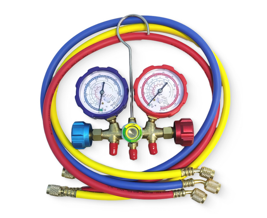 Манометрическая станция DSZH WK-536G-R410A (R22/134/404/407/410, 2-х вентильная; латунный корпус, шланги 0.9м до 55 Bar, 5/16"), фото 