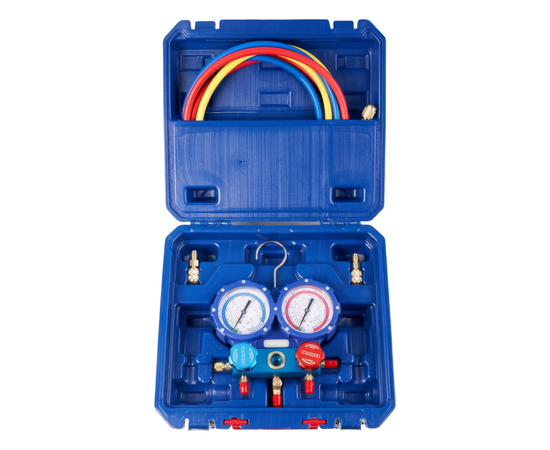 Манометрическая станция DSZH WK-P6002B (R32/134/407/410;  2-х вент; шланги 1.5м до 55 Bar-1/4"SAE, 2 адаптера AD89, манометры 80мм, кейс), фото 