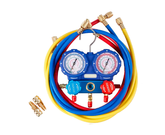 Манометрическая станция DSZH WK-P6002S (R22/404/134/410;2-х вентильный;шланги 1.5м до 55 Bar-1/4"SAE, 2 адаптера R410 x R22,манометры 68мм,в кейсе), фото , изображение 2