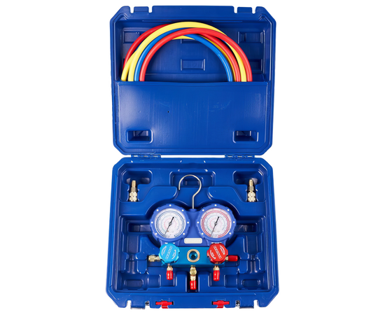 Манометрическая станция DSZH WK-P6002S (R22/404/134/410;2-х вентильный;шланги 1.5м до 55 Bar-1/4"SAE, 2 адаптера R410 x R22,манометры 68мм,в кейсе), фото 